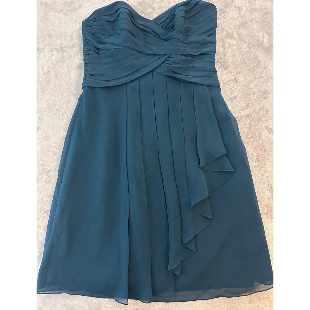Davids Bridal Strapless Chiffon Dress Size 6 Teal Blue Cocktail Ruffle Lined